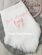 Load image into Gallery viewer, Baby Shawl Blanket with Just Arrived Grey/Blue/Pink Writing &amp; Ribbon