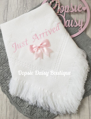Baby Shawl Blanket with Just Arrived Grey/Blue/Pink Writing & Ribbon
