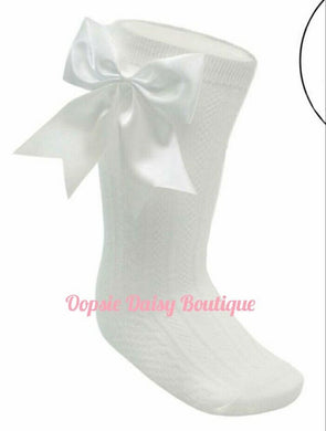 Girls Cream Ivory Knee High Ribbon Socks