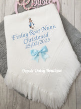 Load image into Gallery viewer, Personalised Christening Day Shawl Peter Rabbit Flopsy Bunny Ribbon Blanket