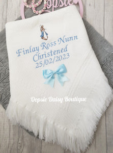 Personalised Christening Day Shawl Peter Rabbit Flopsy Bunny Ribbon Blanket