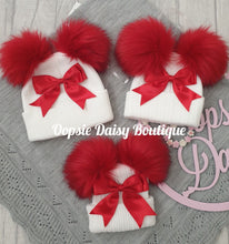 Load image into Gallery viewer, Baby Girls Lovely Knitted Pom Pom Hats with Ribbon Sizes 0-6yrs