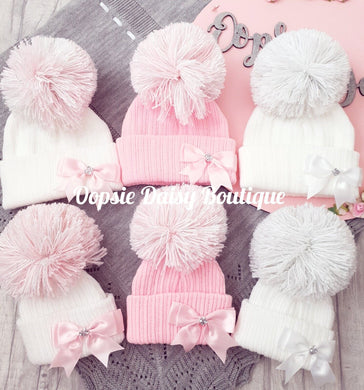 Baby Girls Lovely Knitted Pom Pom Hats with Ribbon