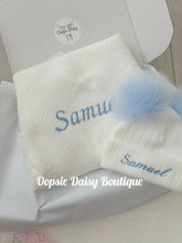 Load image into Gallery viewer, Personalised Baby Shawl &amp; Pom Pom Hat Set , Hat Size 0-12mth Blue or Pink