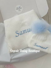 Load image into Gallery viewer, Personalised Baby Shawl &amp; Pom Pom Hat Set , Hat Size 0-12mth