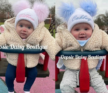 Load image into Gallery viewer, Personalised Hats Girls Boys Lovely Knitted Pom Pom Hats Sizes upto 6yrs