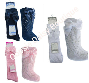 Girls Pelerine Knee High Socks With Ribbons 0-6 Years