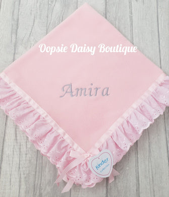 Personalised Baby Blanket Soft Fleecy Ribbon & Broderie Trims Kinder