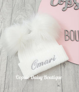 Personalised Hats Girls Boys Lovely Knitted Pom Pom Hats Size upto 6yrs