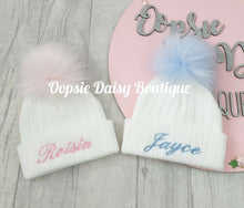 Load image into Gallery viewer, Personalised Hats Girls Boys Lovely Knitted Pom Pom Hats Sizes upto 6yrs