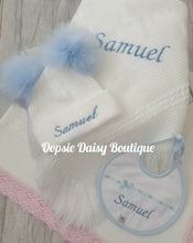 Load image into Gallery viewer, Personalised Baby Shawl Pom Pom Hat &amp; Bib Set Hat Size 0-12mth Blue or Pink