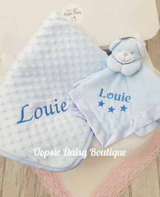 Personalised Baby Blanket & Comforter Set Blue or Pink