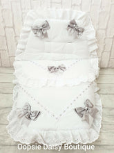 Load image into Gallery viewer, Baby Girls White &amp; Grey Luxury Large Ribbon Foot Muff Cosy Toes Pram Nest