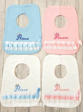 Load image into Gallery viewer, Prince &amp; Princes Ribbon Lace Bibs - Oopsie Daisy Baby Boutique