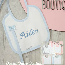 Load image into Gallery viewer, Personalised Spanish Bib With Dummy Clip Towelling Back