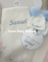Load image into Gallery viewer, Personalised Baby Shawl Pom Pom Hat &amp; Bib Set Hat Size 0-12mth