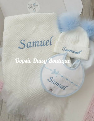 Personalised Baby Shawl Pom Pom Hat & Bib Set Hat Size 0-12mth Blue or Pink