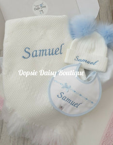Personalised Baby Shawl Pom Pom Hat & Bib Set Hat Size 0-12mth Blue or Pink