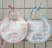 Load image into Gallery viewer, Baby Sister Baby Brother Bibs With Slotted Ribbon Towelling Back