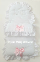 Load image into Gallery viewer, White/Pink Large Ribbon Foot Muff Cosy Toes Pram Nest
