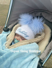 Load image into Gallery viewer, Personalised Hats Girls Boys Lovely Knitted Pom Pom Hats Sizes upto 6yrs