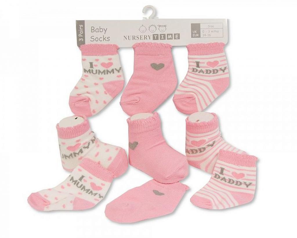 Baby Girls Socks 3 Pack, I Love Mummy/Daddy
