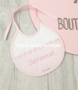 Personalised Spanish Round Bib With Teddy/Toys Towelling Back