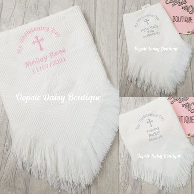 White Personalised Christening Day Shawl Blanket