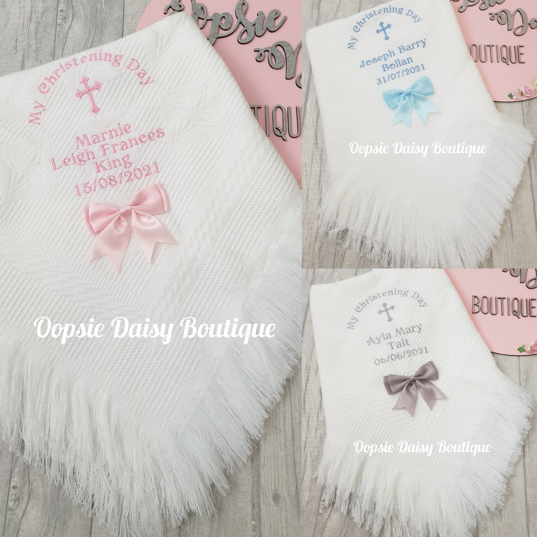 Personalised Christening Ribbon Shawl Blanket