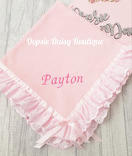 Load image into Gallery viewer, Personalised Baby Blanket Soft Fleece Ribbon &amp; Broderie Trims Kinder