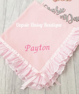 Personalised Baby Blanket Soft Fleece Ribbon & Broderie Trims Kinder
