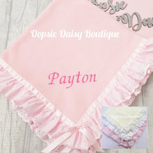 Load image into Gallery viewer, Personalised Baby Blanket Soft Fleece Ribbon &amp; Broderie Trims Kinder