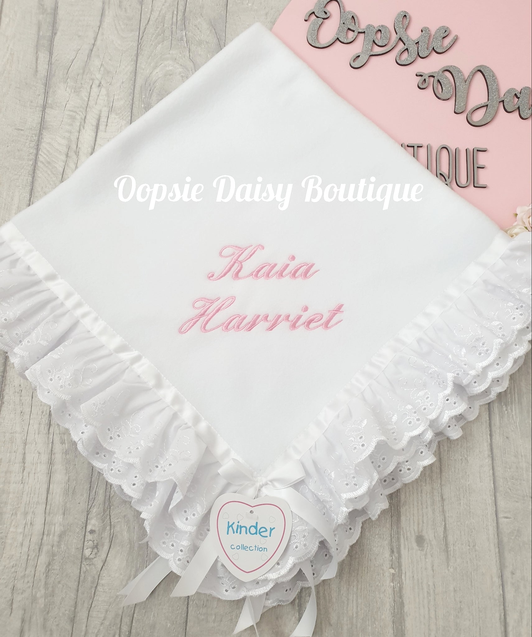 Personalised Baby Blanket Soft Fleece Ribbon & Broderie Trims Kinder –  Oopsie Daisy Baby Boutique