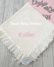 Load image into Gallery viewer, Personalised Baby Blanket Soft Fleece Ribbon &amp; Broderie Trims Kinder
