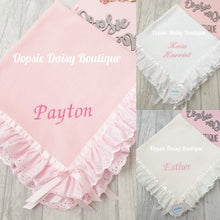 Load image into Gallery viewer, Personalised Baby Blanket Soft Fleece Ribbon &amp; Broderie Trims Kinder