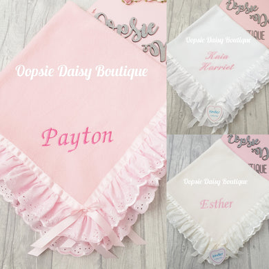 Personalised Baby Blanket Soft Fleece Ribbon & Broderie Trims Kinder