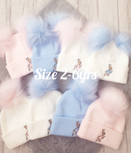Load image into Gallery viewer, Baby Knitted Hats Boys Girls Peter Rabbit Pom Pom Hats Size 0-6yrs