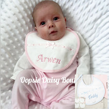 Load image into Gallery viewer, Personalised Spanish Round Bib With Slotted Ribbon Towelling Back