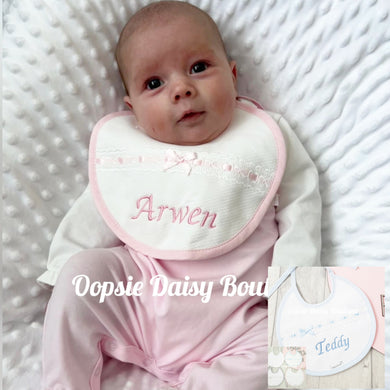 Personalised Spanish Round Bib With Slotted Ribbon Towelling Back