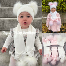 Load image into Gallery viewer, Pom Pom Hat &amp; Scarf Sets with Ribbon Sizes upto 6yrs