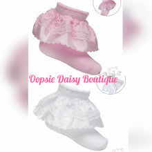 Load image into Gallery viewer, Baby Girls Frilly Ankle Socks Ribbon &amp; Satin Lace