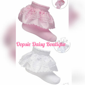 Baby Girls Frilly Ankle Socks Ribbon & Satin Lace